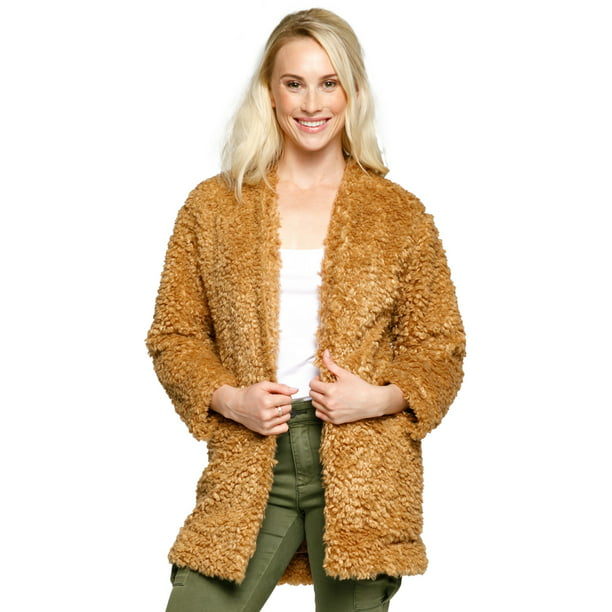 XQS Womens Winter Fuzzy Faux-Fur Pockets Cardigan Outwear Jacket 